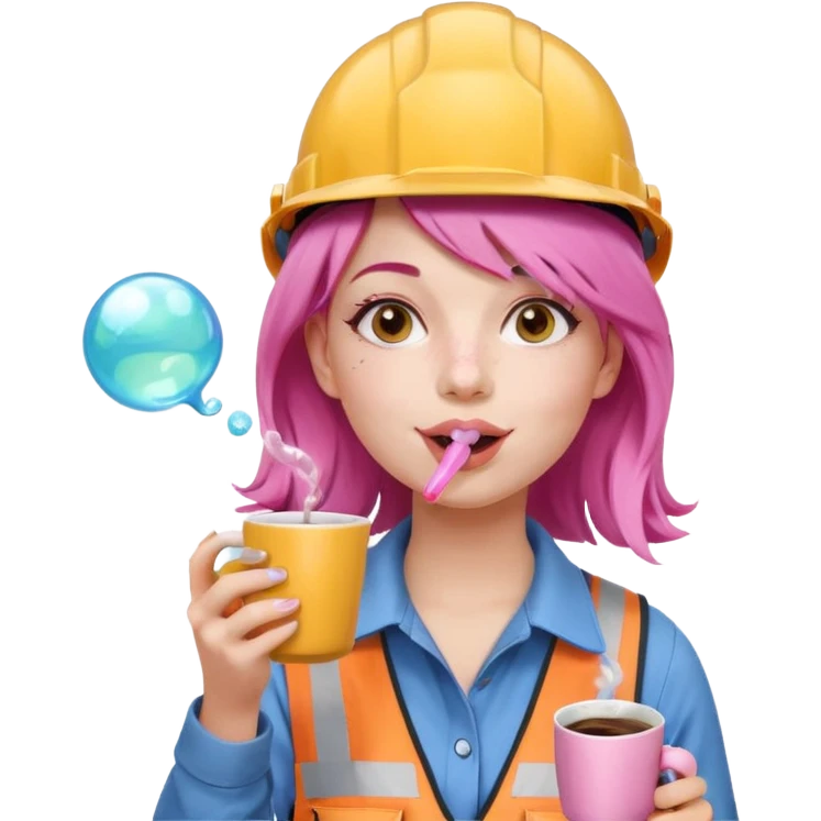 сделай молодую девушку с розовыми волосами, накрашенную красиво, с стаканчиком кофе, в каске, надувающую пузырь из жвачки ртом emoji
