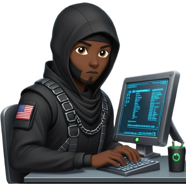 african-american mercenary black ninja hacker terminal command center emoji