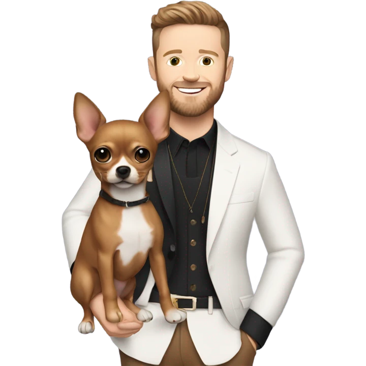 Me holding a brown chihuahua standing next to Justin Timberlake  emoji