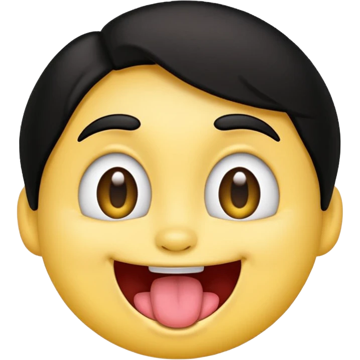 yellow face emoji smiling with huge tongue out and eyes wide open. Tongue should have the effect of wagging back and forth. Give him a head of black hair emoji