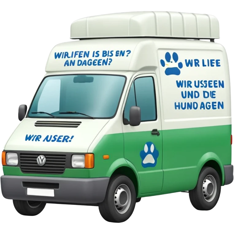 a white delivery van with green and blue color on the delivery van tarpaulin. Text: Wir liefern bis an die Türe. Ausser Ihr Hund ist dagegen" emoji