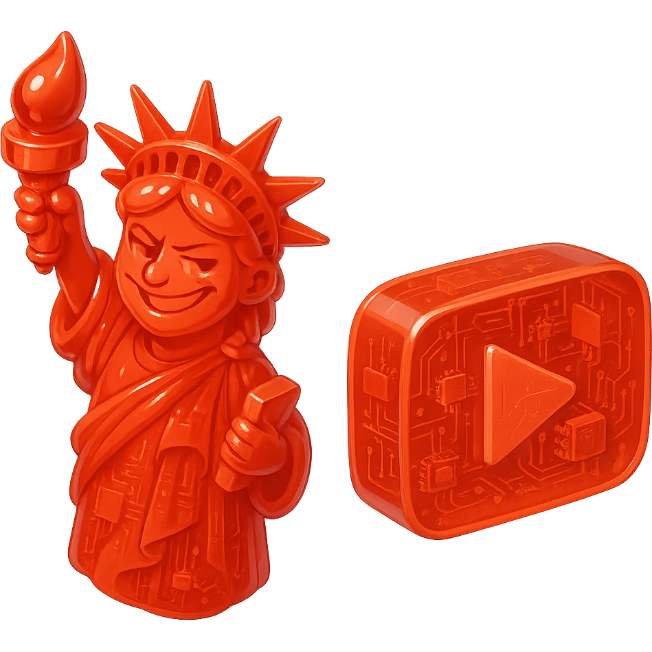 red Statue of Liberty with a playful sarcastic grin, red YouTube play button, glossy circuit style emoji