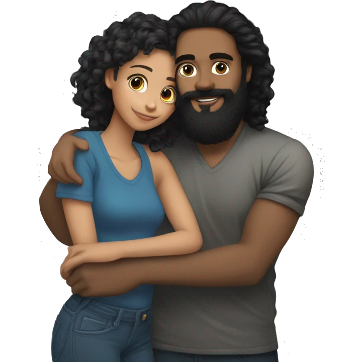 Light skin;Black long hair girl hugging with a man with black beard and curly hair on top emoji