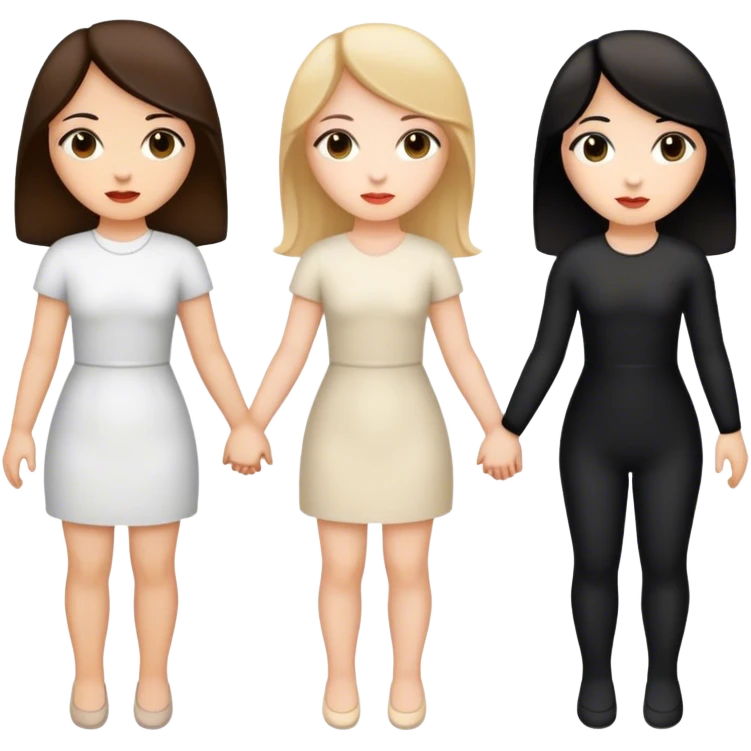 Three women holding hands side by side, all white, one with dark blonde hair, one with black hair, and one with dark brown hair emoji
