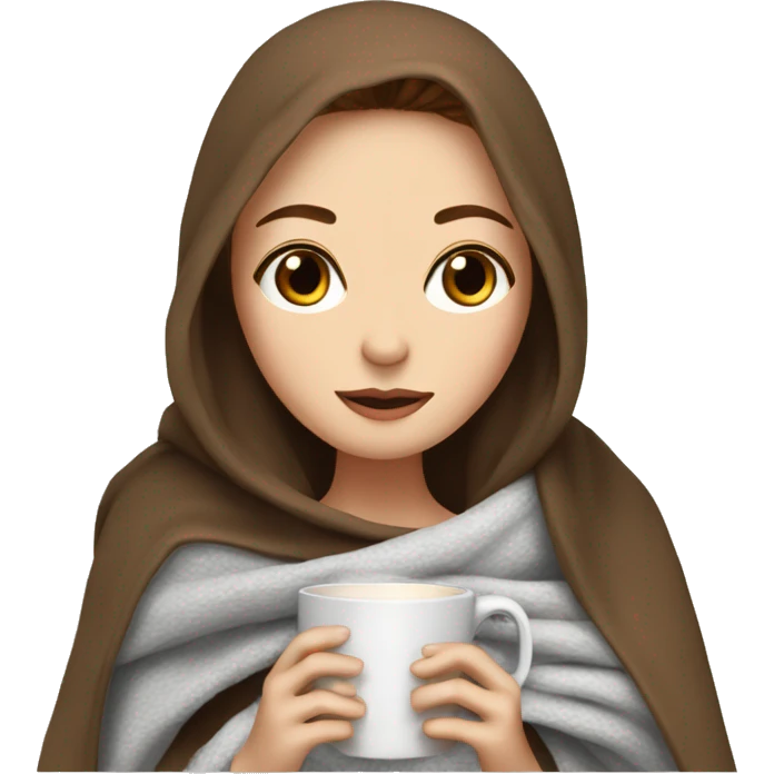 white girl with brown hair  inside a blanket sipping coffee eyes closed emoji