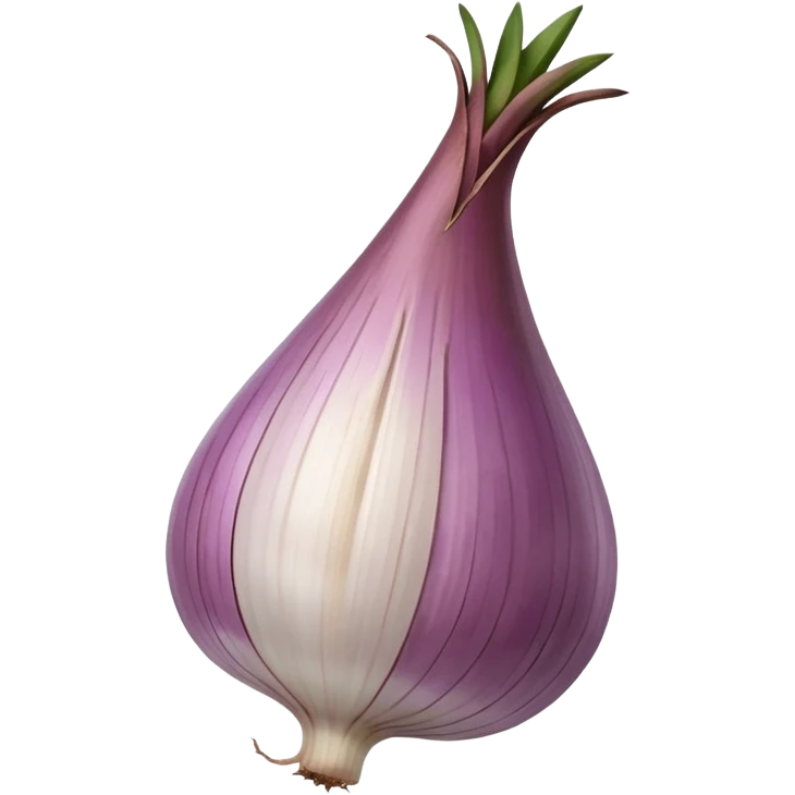 single shallot, unpeeled, teardrop, bulbous base, tapered top, papery skin, mauve or copper, striations, glossy, dried stem, root strands, 3D-rendered, minimal, no faces, transparent background emoji
