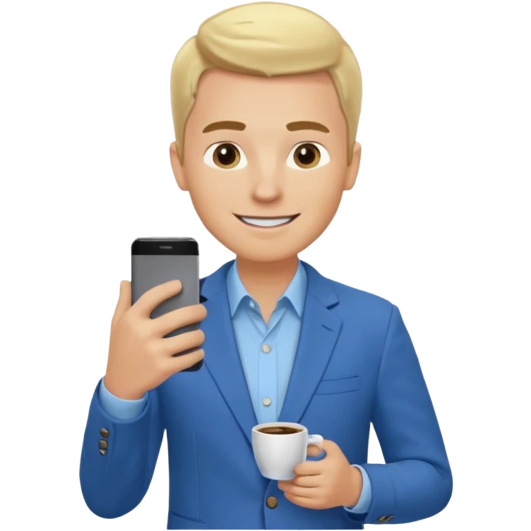 Confident and outgoing male entrepreneur, Caucasian features, blonde hair, big friendly smile, expressive eyes, defined eyebrows, wearing a blue blazer over a light blue shirt, holding a smartphone in one hand and a coffee cup in the other, waist-up, front-facing emoji