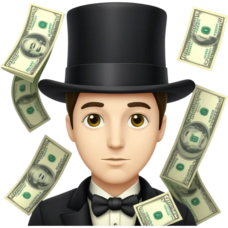 man wearing a tophat full of dollar bills emoji