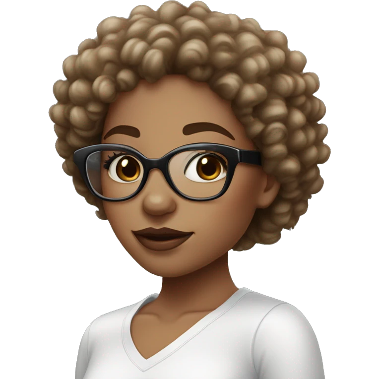 Black curly Hair girl with a white crop top on and blue eyes with natural lashes and glasses with lip gloss on her lips. emoji