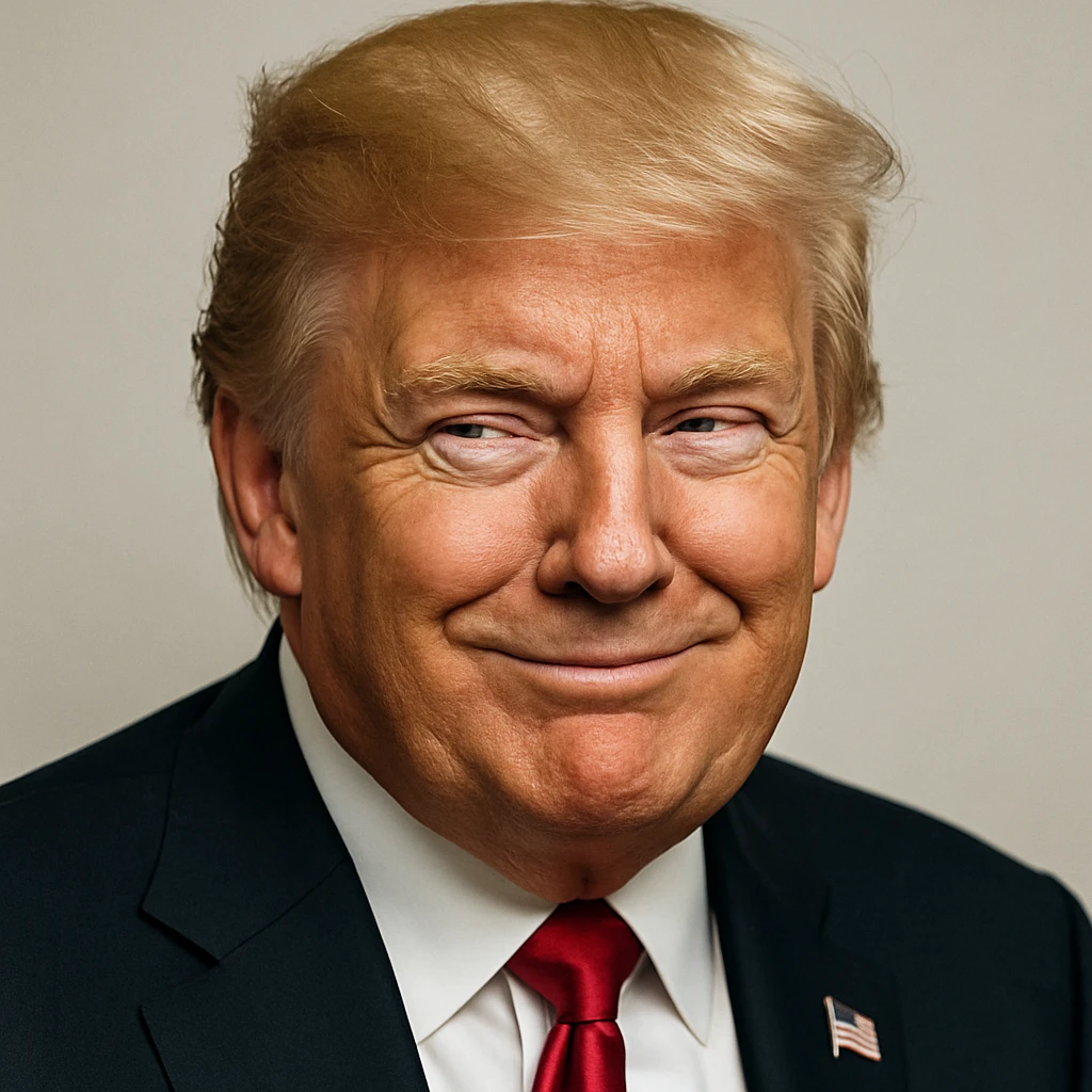 Increase contrast slightly for a more vivid look while keeping the very sly, cunning expression on Donald Trump's face, photorealistic quality, and plain background. The style is photorealistic. emoji