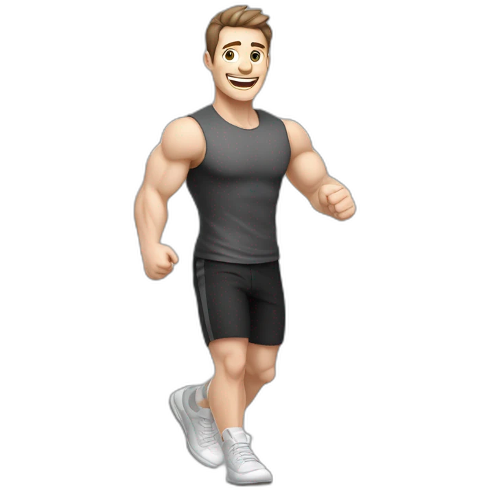Joyful Celebrating victory Pale skinned Fit Man With the biceps and dark brown hair in black shirt, gray sports shorts and white Sneakers emoji