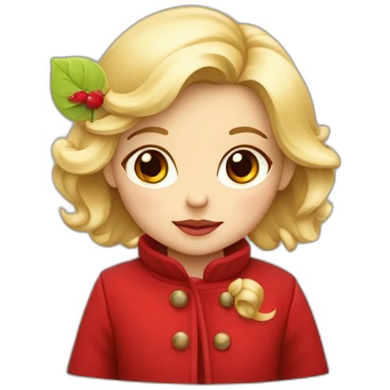 bébé fille blonde décoiffée avec une feuille d’érable rouge sur son manteau  emoji