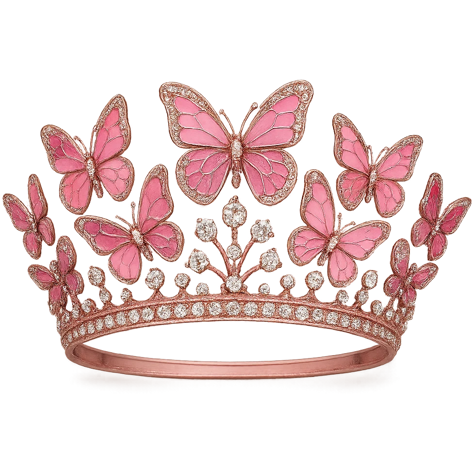 butterfly crown with a pink base, butterflies in various pink enamel shades, sparkling gems, transparent background emoji