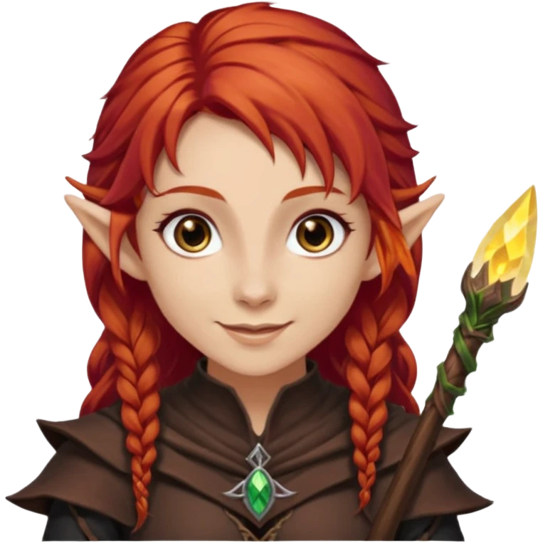 Bruxa meio elfa, ruivo forte (acobreado puxado pro castanho escuro) olhos escuros, e sorrindo 🧝🏻‍♀️ nesaa pegada desse emoji ai, e branca não muito branca tbm emoji