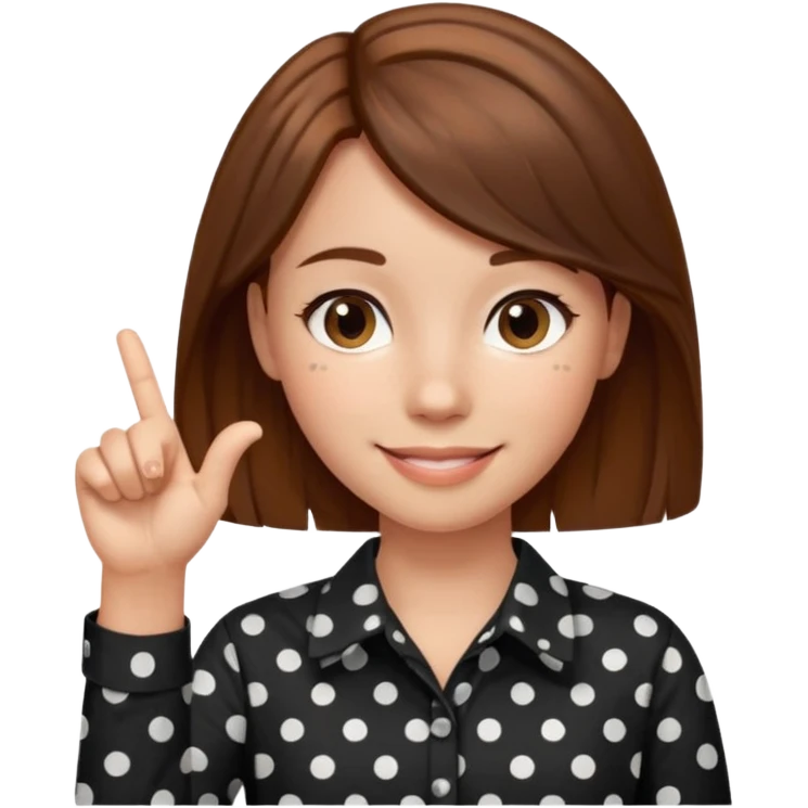 girl wearing a  black polka dots  shirt style, and poiting witgh her hand, her hair brown  emoji