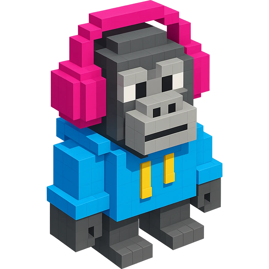 voxel style gorilla with headphones, wearing a hoodie, isometric view emoji