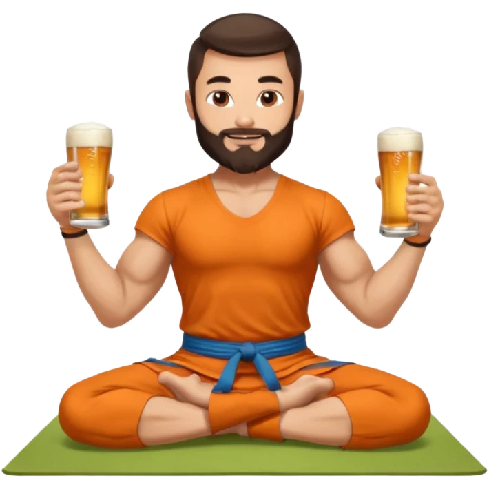 slavic muscled guy with dark brown hair and beard, sitting in yoga pose on a mat, kung fu clothes, long and volume dark hair, holding beer mugs in two hands, sitting emoji