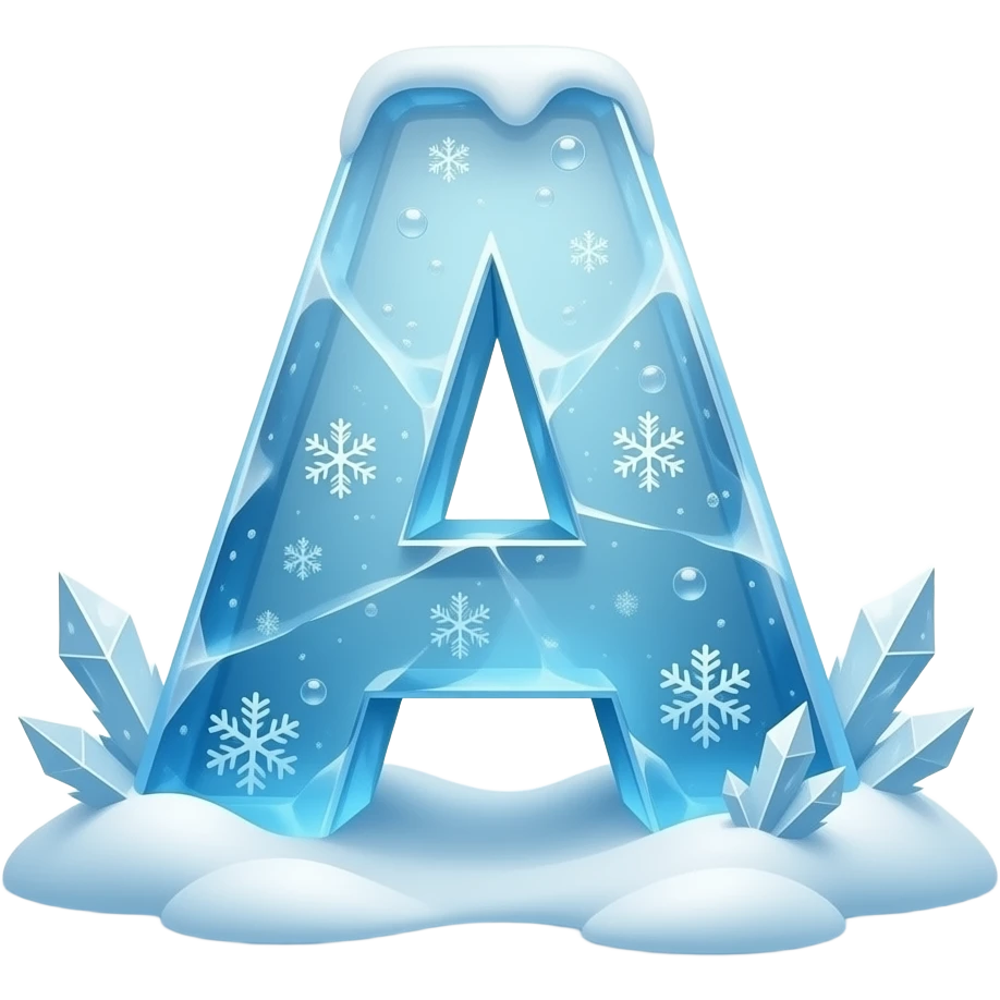 A letter 'A' carved out of ancient, translucent blue glacier ice. Trapped air bubbles and tiny snowflakes visible inside, surrounded by a swirling cold mist and sparkling frost crystals. Sharp edges, 3D render, wintry atmosphere emoji