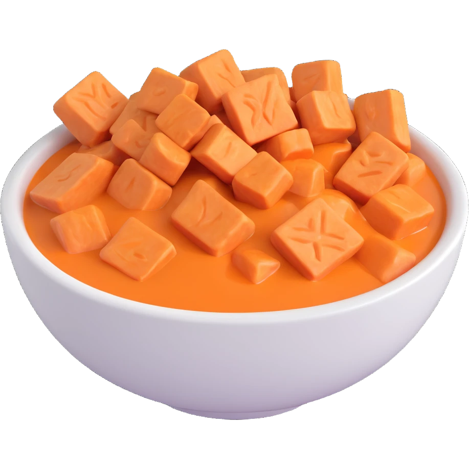 microsoft style 3d emoji of a bowl of yam porridge, chunky orange yam pieces in a white bowl with rich saucy texture, simple and vibrant emoji