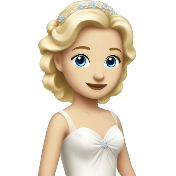 Beautiful blond girl with blue eyes and bowed wedding dress from height  emoji