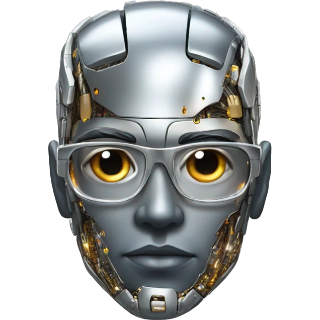 Male cyborg head with metallic skin, flat top, rectangular glasses and circuits emoji