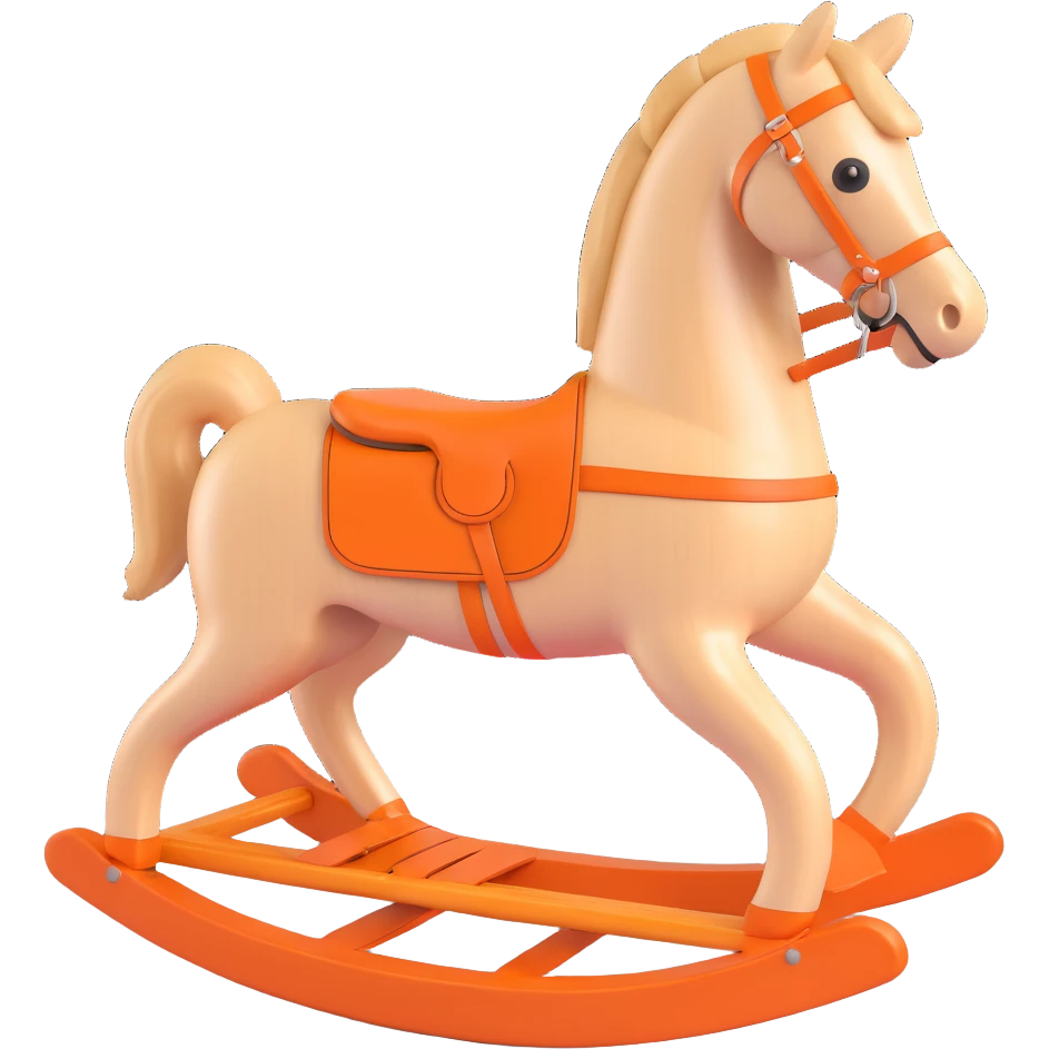 rocking horse, 3D style, beech wood with smooth finish, Hermès orange detail, minimal design, no text emoji