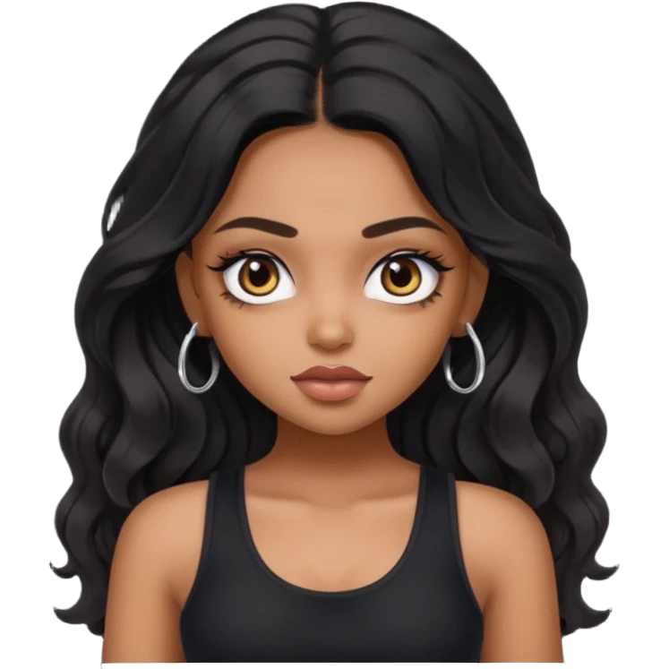 a pretty bratz dusky girl with long wavy black hair, kajal under eyes, black full sleeve tank top emoji