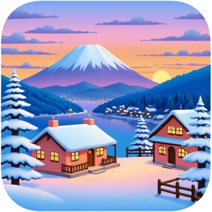 Winter season sunset with colors, cozy atmosphere in ghibli style emoji