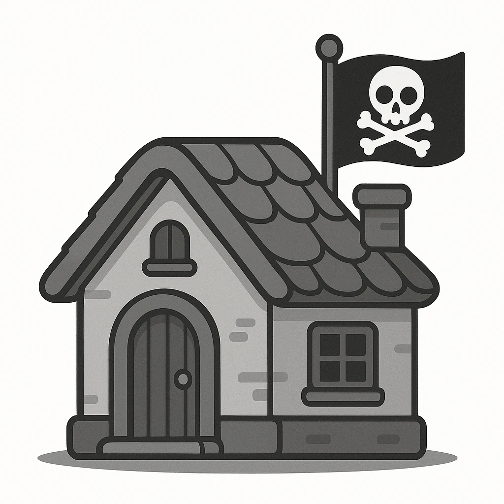 old pirate's house with skull flag emoji