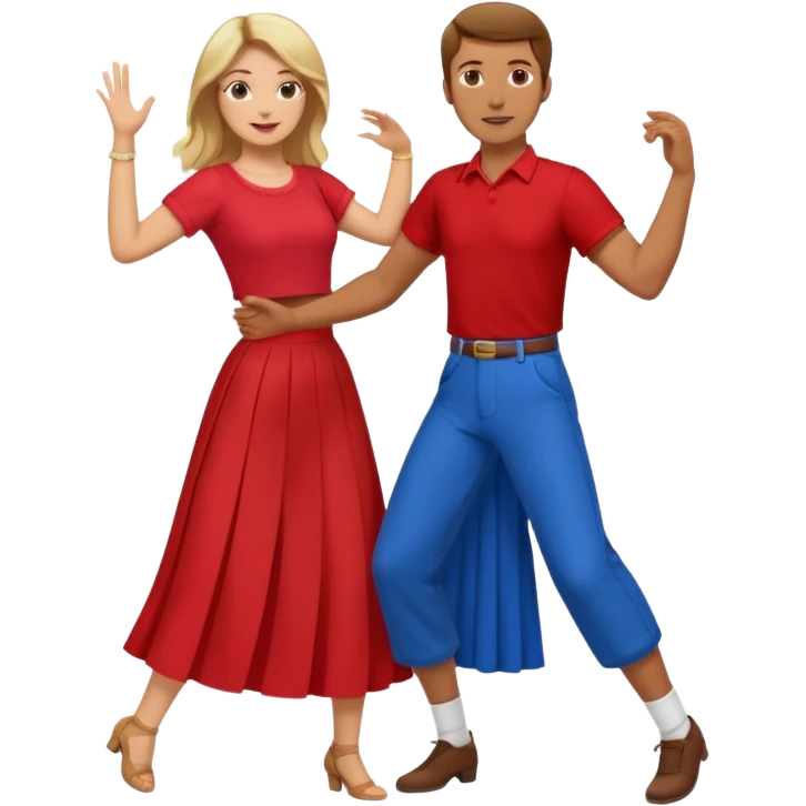 Two people dancing. Man in red shirt and  red pants with brown hair. Women in blue shirt and long skirt with blond hair. emoji