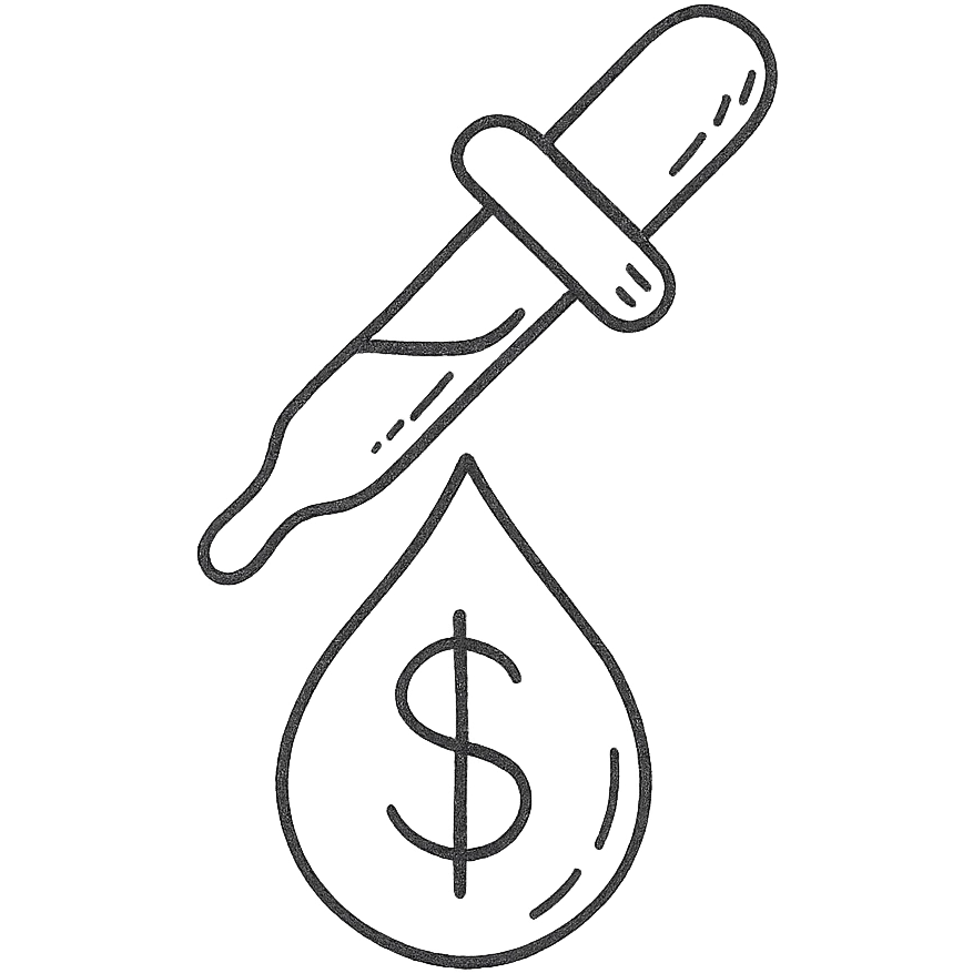 hand-drawn outlined pipette at the top of a golden drop with a dollar sign inside the drop emoji