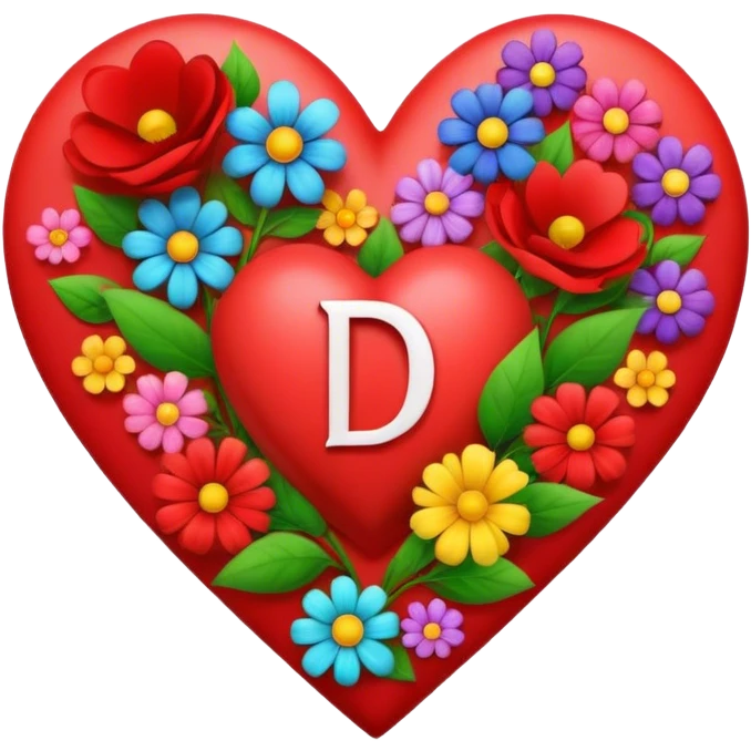 a red heart write capital A and capital D next tp capital A the heart throw a lots of colored flower from its center write Capitel A and capital D middle of the heart emoji