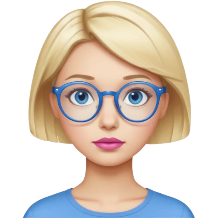woman with very short side parted blonde haire, blue eyes and blue round glasses emoji