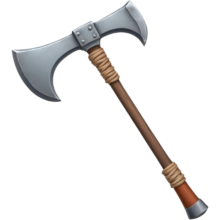 barbarian axe object icon, huge double-bladed axe, rough metal, wooden handle, leather wraps, fantasy style, 3D cartoon, mobile game icon style, centered, clean background, soft shadow, no text, no watermark
 emoji
