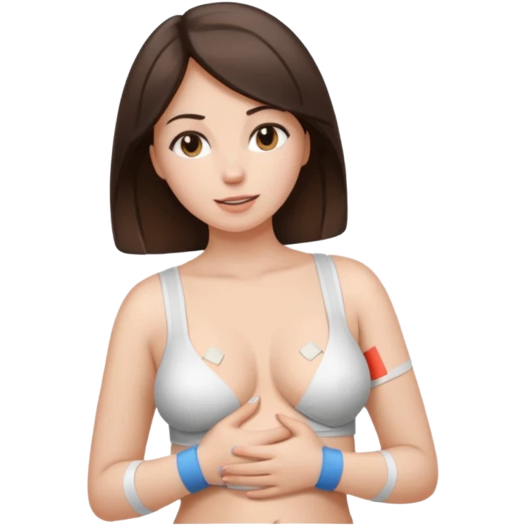 Brunette woman covering nipples with bandaids and big bum emoji