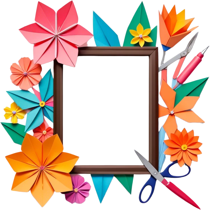Paper crafting icon, various paper crafts like origami, 3D paper flowers, and scrapbooking materials, visible tools such as scissors, glue stick, and colour paper sheets, colorful paper patterns, minimalistic style, clean lines, transparent background. emoji
