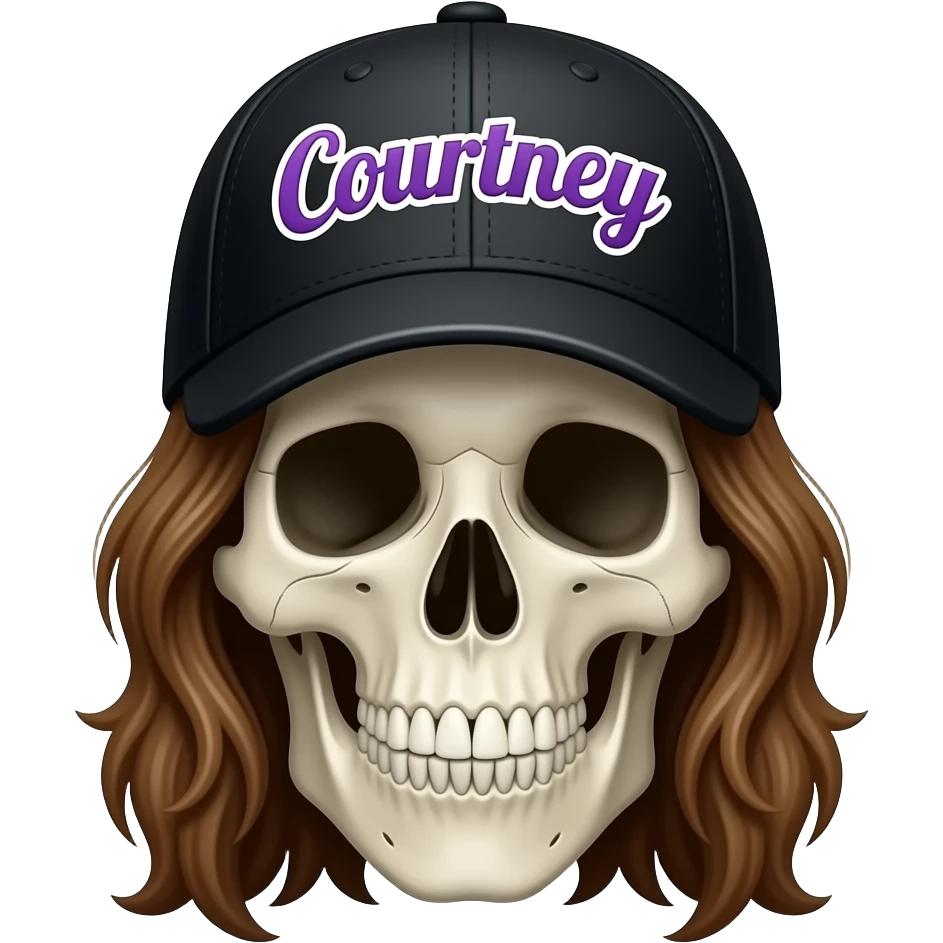 A skeleton head wearing a black baseball cap that says "Courtney" with purple lettering and white bordering, with long brown hair emoji