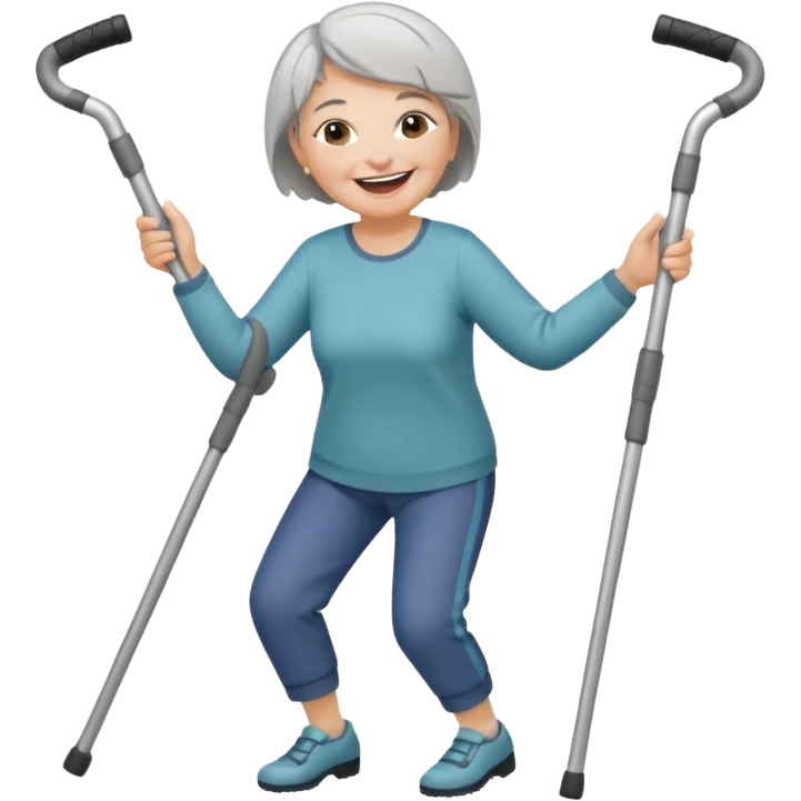 senior woman with pants, short grey hair, laughing and dancing th crutches emoji