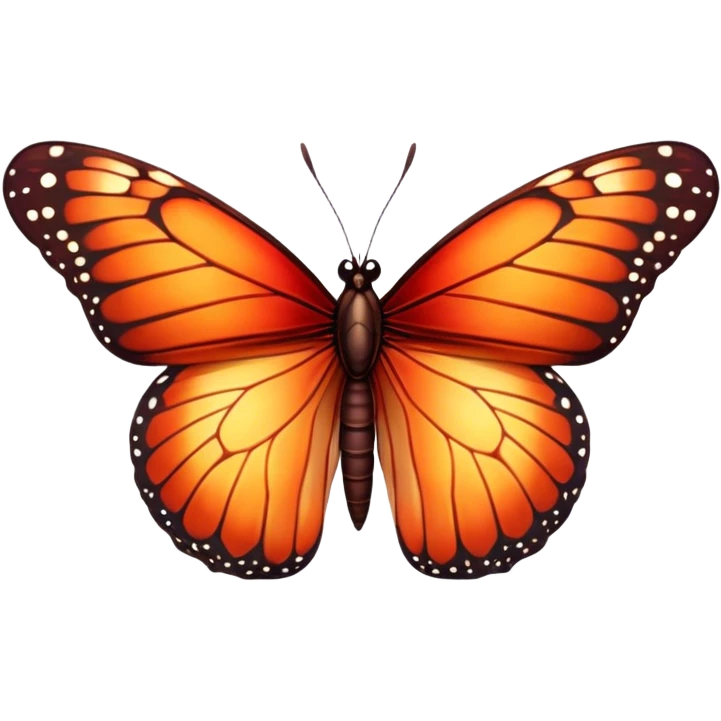 Cinematic Realistic Noble monarch Butterfly Portrait Emoji, Poised and elegant, with delicate, translucent wings rendered in rich ruby and scarlet hues, a slender, graceful body with intricately detailed textures, and soft, reflective eyes, illuminated by natural light, high shine, intelligent and regal, styled with an air of refined natural splendor, focused and attentive, soft glowing outline, capturing the essence of a watchful and confident monarch butterfly that appears to emerge majestically from the screen! emoji
