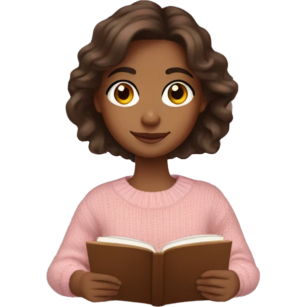 Pretty brown eyed medium brown girl with light pink sweater reading cozy emoji
