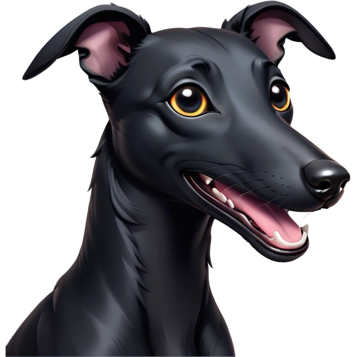 Cinematic Comical Black Greyhound Portrait Emoji, Head tilted dramatically with an exaggeratedly amused expression, featuring a glossy jet-black Fur and wide, expressive dark eyes filled with playful disbelief, Simplified yet hilariously expressive features, highly detailed, glowing with a slightly sassy glow, high shine, dramatic yet playful, stylized with an air of cheeky mischief, bright and endearing, soft glowing outline, capturing the essence of a spirited and over-the-top racer, so meme-worthy it feels like it could side-eye its way into internet fame instantly! emoji