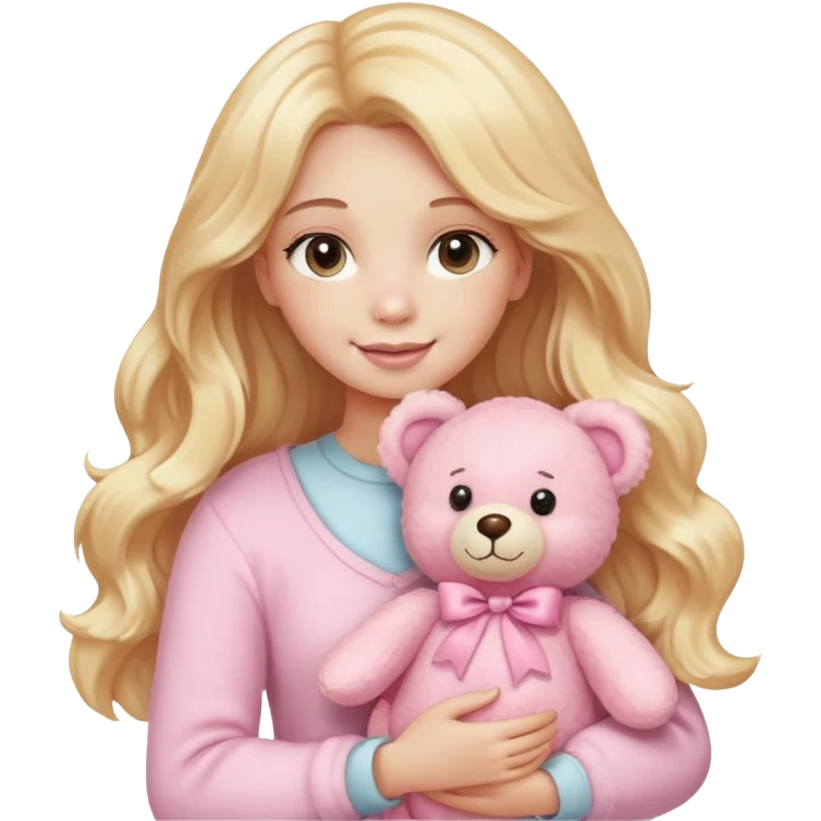 An emoji of a blonde woman holding a plush pink teddy bear. She has long, wavy golden hair and a gentle, happy expression. The teddy bear is soft, fluffy, and pastel pink, giving a cute and cozy vibe emoji
