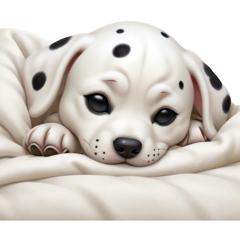 Cinematic cute Sleeping Dalmatian Portrait Emoji, cute and serene, with a round, plump build and a glossy white coat adorned with distinctive black spots, eyes gently closed in peaceful slumber, Simplified yet irresistibly endearing features, highly detailed, glowing with a gentle, dreamy glow, high shine, relaxed and content, stylized with a touch of whimsy, bright and heartwarming, soft glowing outline, capturing the essence of a blissfully sleepy companion, so comically serene it feels like it could roll out of the screen and snore with adorable charm! emoji