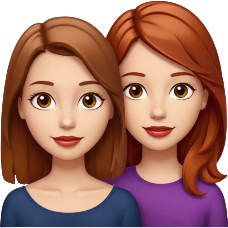 I want you to create me an emoji of two girls: one with light skin, shoulder length hair (straight and brown), brown eyes with very long eyelashes and full lips; the other girl must also have light skin, shoulder length hair (wavy and red), brown eyes and a nice smile with glossy lips emoji