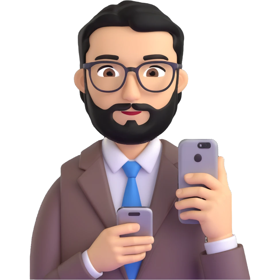 professional man with medium black beard, neat black hair, connected unibrow, olive tan skin, brown eyes, glasses, prominent nose, wearing business casual attire, holding a smartphone in hand emoji