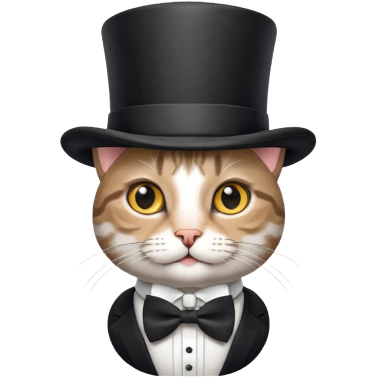 Grey tabby cat in top hat and bow tie emoji