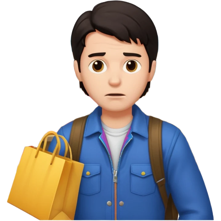 a man in 80s clothes, no mask, escaping a shop with loot, worried face, cartoon style, dark hair emoji