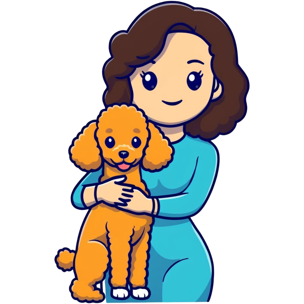 woman with long dark brown hair holding a poodle emoji