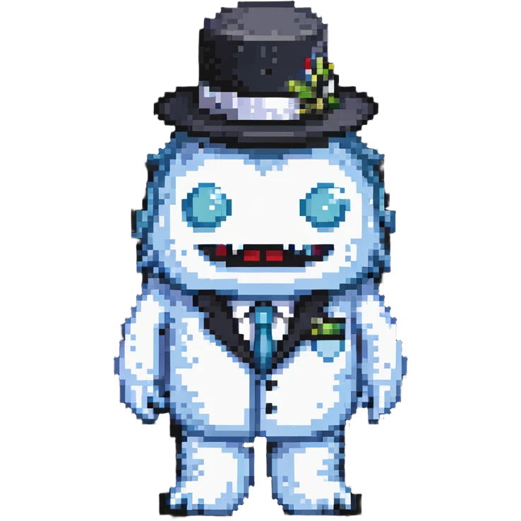 ice monster wearing a black and white suit and hat emoji