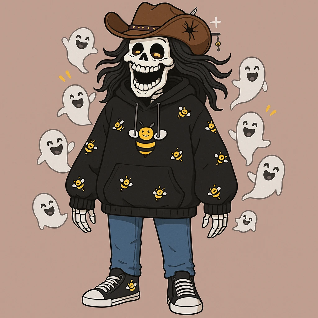 Make the skeleton laugh even more with a wide open mouth and joyful expression. Keep the bee-themed black oversized hoodie, long black ponytail, black cowboy hat with spider keychain, blue jeans, black and white tennis shoes, and small laughing ghosts around him. Preserve the overall style and background as in the original image. emoji